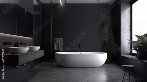 Interior of a Contemporary Bathroom with Dark Tiles