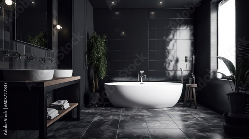 Interior of a Contemporary Bathroom with Dark Tiles