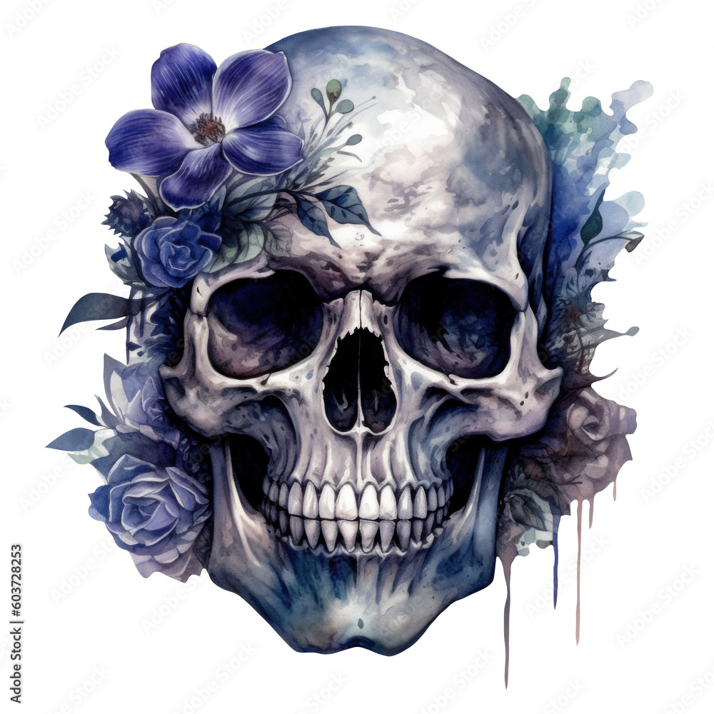 Skull with flowers, generative AI Skull with flowers, generative AI