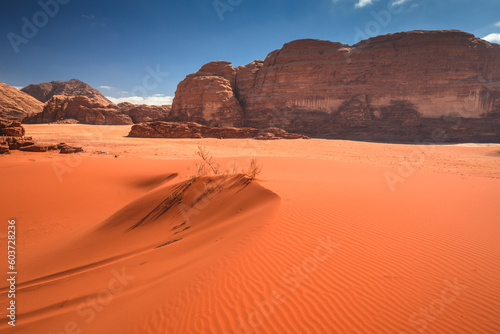 Amazing and spectacular landscapes of Wadi Rum desert in Jordan. Dunes, rocks, it's all here. Beautiful weather gives the climate to this place.