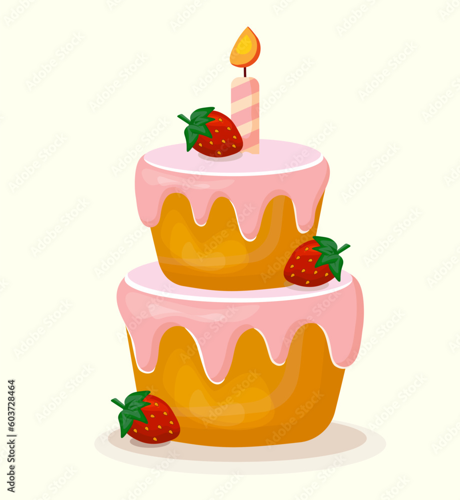Birthday cake with candle and strawberries vector isolated illustration. Two layers cake with pink icing. Birthday cake with candle and strawberries vector isolated illustration. Two layers cake with pink icing.