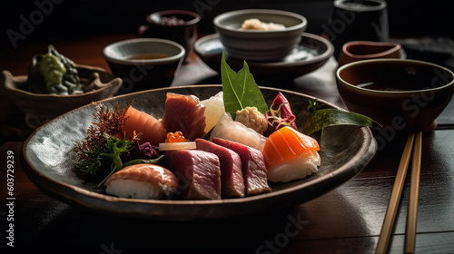 Japanese food : sushi set plate a variety of fresh seafood with beautiful decorations. Asia traditional meals, lunch, dinner on restaurant table for japanese food theme