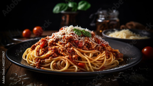 pasta spaghetti bolognese with fresh ingredients on beautiful plate  served on wood table background for meals  dinner   lunch for delicious food theme