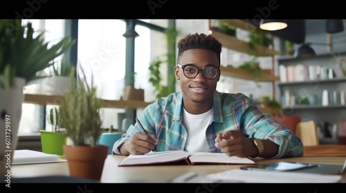 A young male African-American student sits at a table, writes with a pen in a notebook. Generative AI