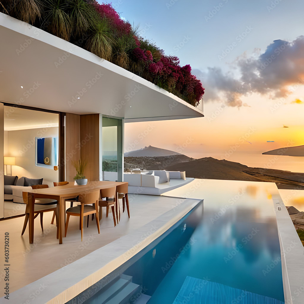 Fototapeta premium A view of a pool with a view of the sea and a sunset in the background