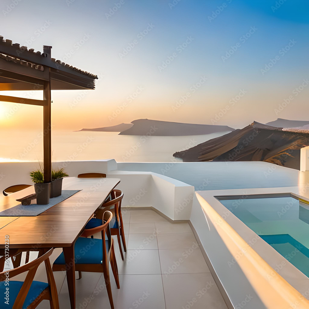 Fototapeta premium A view of a pool with a view of the sea and a sunset in the background