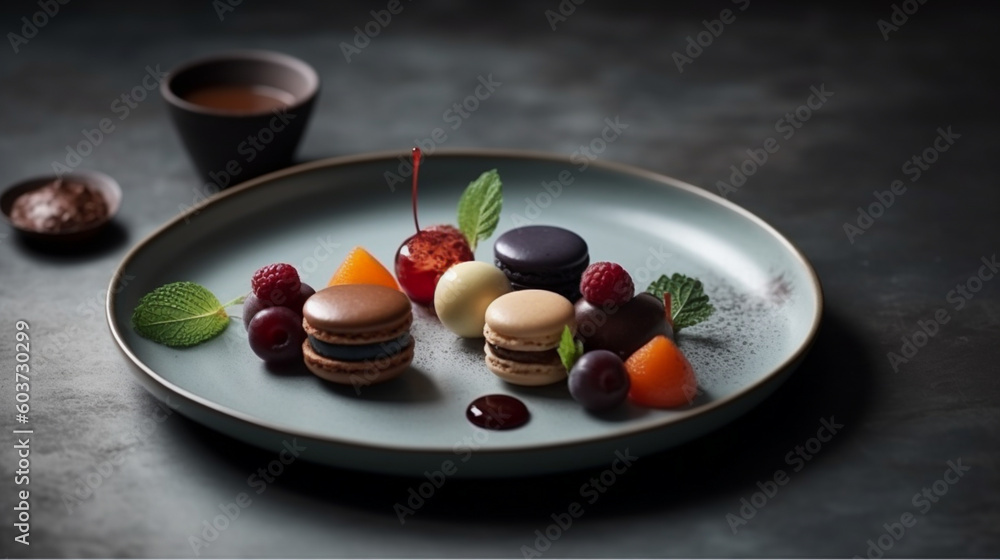 macaron or macaroon dessert well decorative with fresh ingredients served on delicate plate in restaurant or cafe table background for delicious food and dessert theme. macaron or macaroon dessert well decorative with fresh ingredients served on delicate plate in restaurant or cafe table background for delicious food and dessert theme.