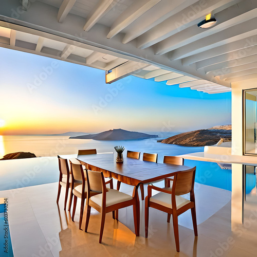 A view of a pool with a view of the sea and a sunset in the background