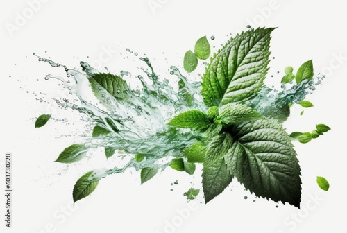 Green mint leaf with water splash isolated on white background. generative ai