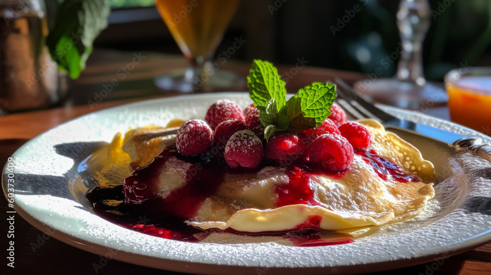 crepe or thin pancakes well decorative with fresh ingredients served on delicate plate in restaurant or cafe table background for delicious food and dessert theme crepe or thin pancakes well decorative with fresh ingredients served on delicate plate in restaurant or cafe table background for delicious food and dessert theme