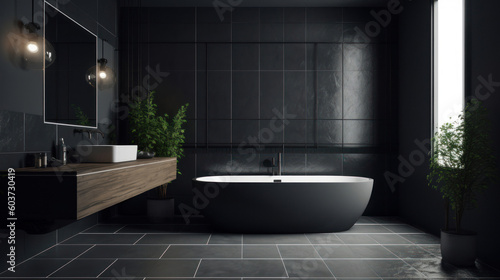 Interior of a Minimalist Style Bathroom with Dark Tiles © Eirik Sørstrømmen