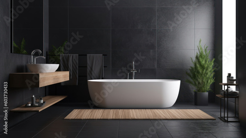 Interior of a Minimalist Style Bathroom with Dark Tiles