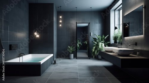 Interior of a Minimalist Style Bathroom with Dark Tiles