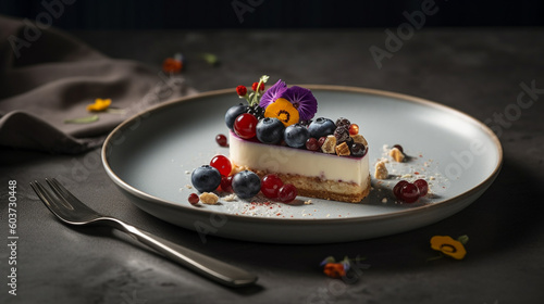 cheesecakes dessert well decorative with fresh ingredients served on delicate plate in restaurant or cafe table background for delicious food and dessert theme
