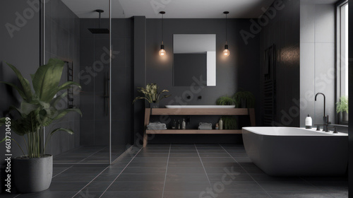 Interior of a Minimalist Style Bathroom with Dark Tiles