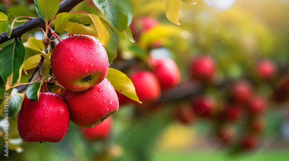 Red apple, orchard background, autumn harvest, ai generative Red apple, orchard background, autumn harvest, ai generative