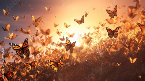 A swarm of monarch butterflies, the Danaus plexippus group. Generative AI photo