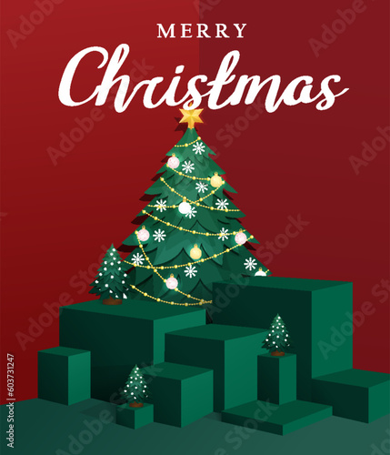 product stand with Chrismas tree and ornaments for a poster or Christmas banners