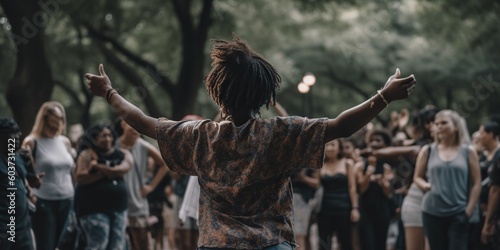 Person witnessing an impromptu dance battle in a city park, as talented performers showcase their moves, concept of Spontaneous Expression of Artistry, created with Generative AI technology