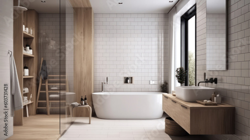 Interior of a Scandinavian Style Bathroom with Light Tiles