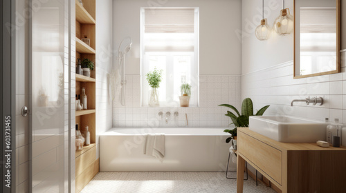 Interior of a Scandinavian Style Bathroom with Light Tiles © Eirik Sørstrømmen