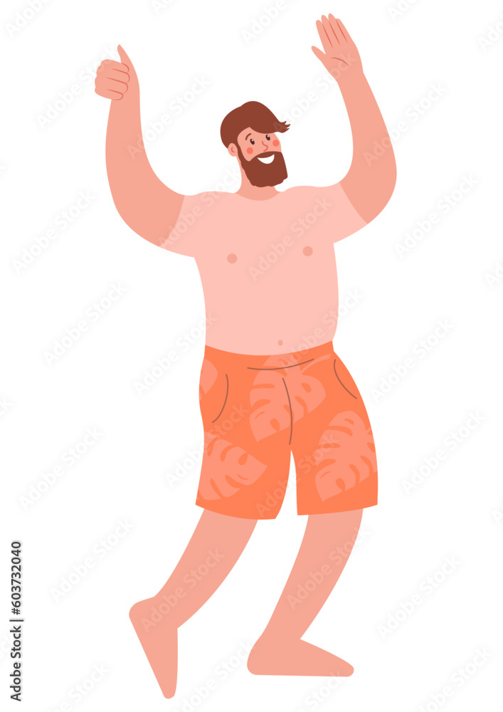 A man in shorts with palm trees and a tan over his T-shirt put his hands up. Cute flat vector modern illustration. Summer character sticker. A man in shorts with palm trees and a tan over his T-shirt put his hands up. Cute flat vector modern illustration. Summer character sticker.