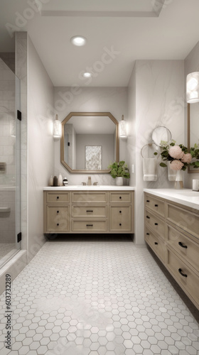 Interior of a Transitional Style Bathroom with Light Tiles