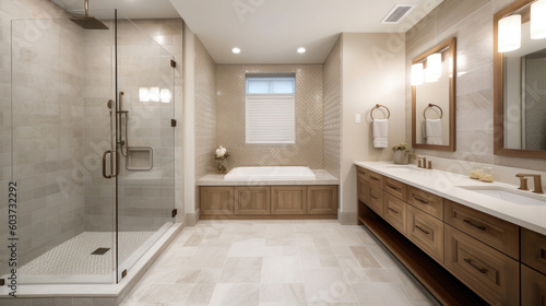 Interior of a Transitional Style Bathroom with Light Tiles