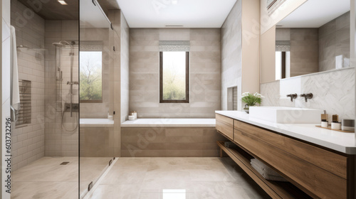 Interior of a Transitional Style Bathroom with Light Tiles