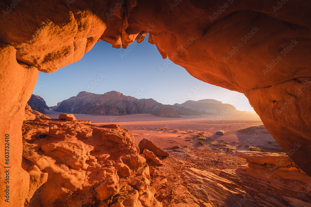 Amazing and spectacular landscapes of Wadi Rum desert in Jordan. Dunes, rocks are all Beautiful weather gives the climate to this place.