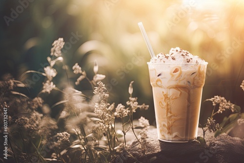 Frappuccino of the coffee with cream at sunset background. Generative AI.