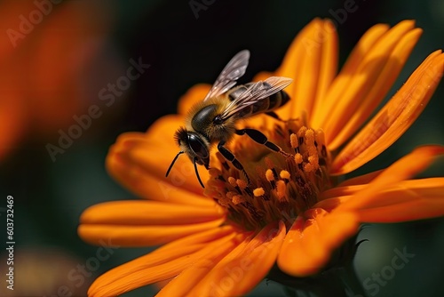 Bee on orange color flower. Generative AI. © hugo