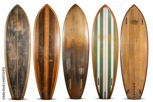 Collection of vintage wooden fishboard surfboard isolated on white with clipping path for object, retro styles. Generative AI.	
