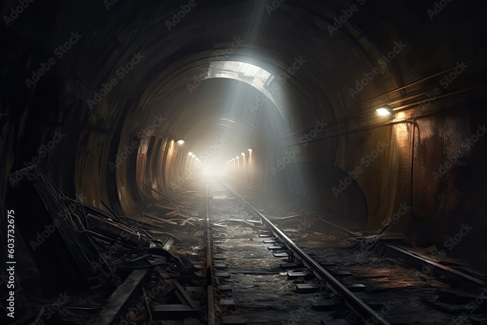 Abandoned tunnel of the train with intense sunlight.  Generative AI.