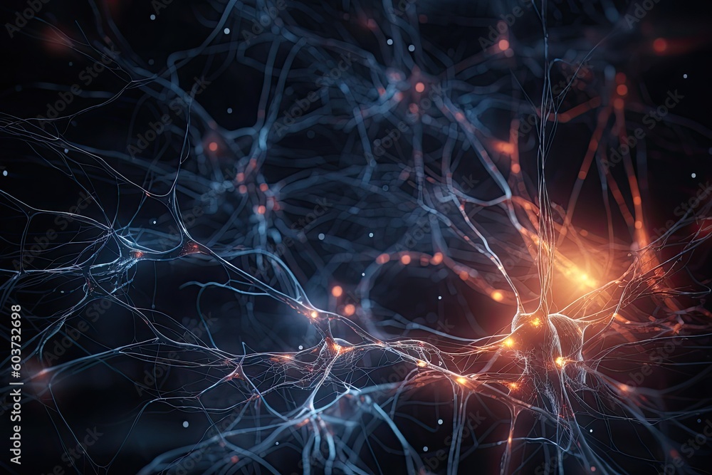 Microscopic of Neural network Brain cells, Human nervous system. Generative AI. - obrazy, fototapety, plakaty 