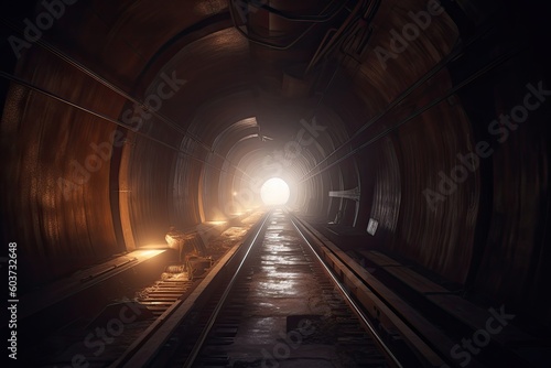 Abandoned tunnel of the train with intense sunlight. Generative AI.
