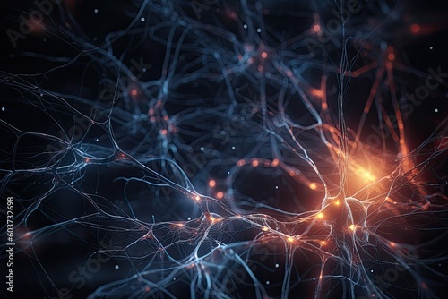 Microscopic of Neural network Brain cells, Human nervous system. Generative AI.