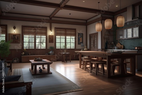 Dining interior modern area with wooden design. Generative AI.  