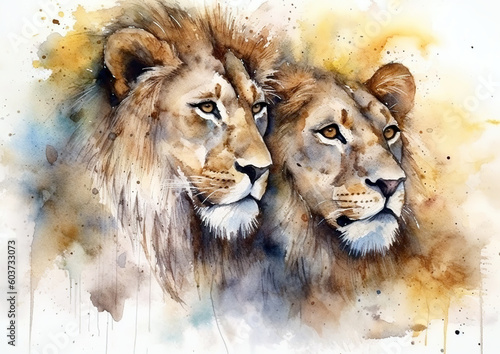  Watercolor abstract illustration of a pair of lions. The king of animals rests in the shade with the lioness, colorful paint splash, isolated on white background. Generative AI.