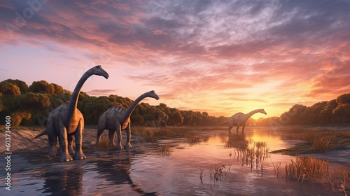 A herd of Althithorax brachiosaurs and a flock of pterosaurs in a picturesque landscape of the Late Jurassic. Generative AI photo