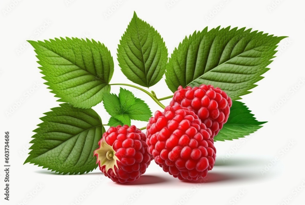 raspberries with leaves isolated on white background. generative ai raspberries with leaves isolated on white background. generative ai