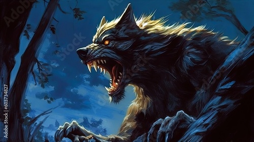 fantasy werewolf howls, moonlight casting eerie shadows over its fur, Generative AI