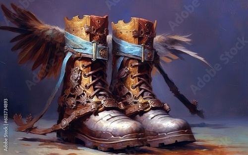 fantasy pair of winged boots stand  feathered and ready for skyward journeys  Generative AI