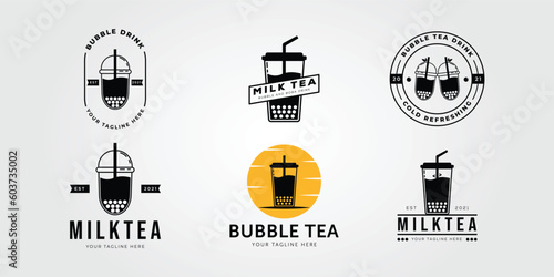 set of milk tea or thai tea logo or bundle of bubble drink symbol illustration design
