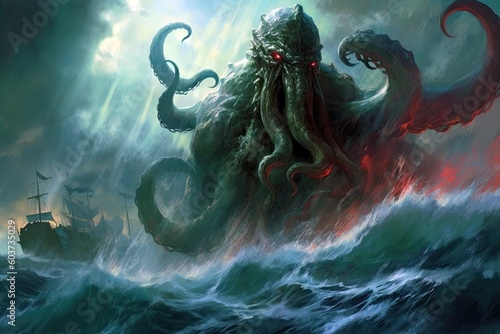 Fototapeta Naklejka Na Ścianę i Meble -  fantasy creature kraken rises, its tentacles reaching towards the storm-wracked sky, Generative AI