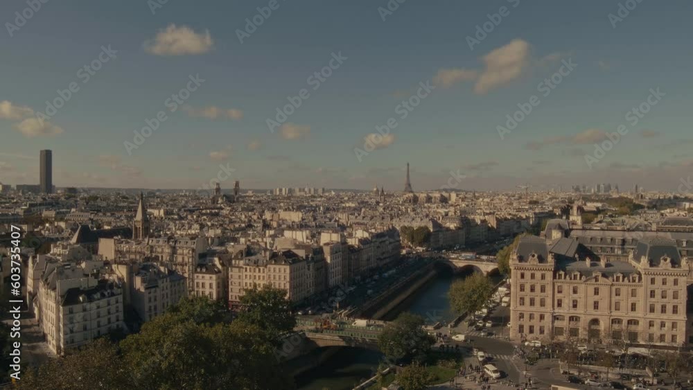 Scenic slow motion view of Paris from the top of Notre Dame. Scenic slow motion view of Paris from the top of Notre Dame.