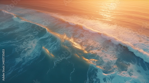 Brandungswellen an einem Strand bei Sonnenuntergang (Generative AI)