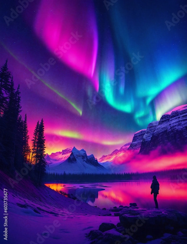 beauty of aurora and human loneliness  colorful  poster  atmosphere  ambiance  generative AI
