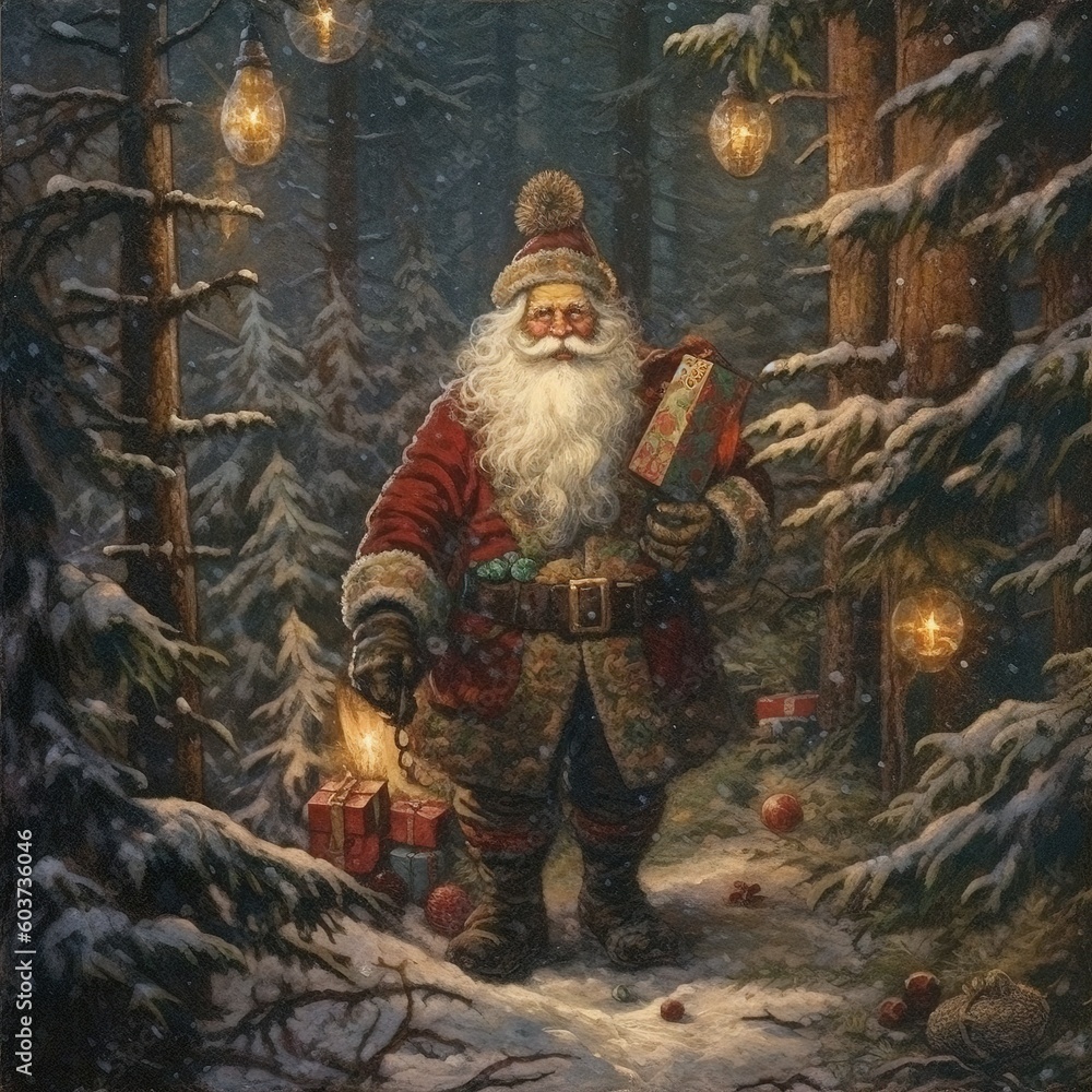 Santa Claus in the dense forest. an old postcard. Generative AI