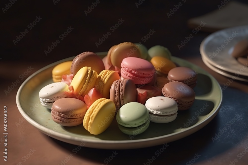 Generative AI Photo realistic a lot of macaroon on plate sweet desert food Photography Generative AI Photo realistic a lot of macaroon on plate sweet desert food Photography